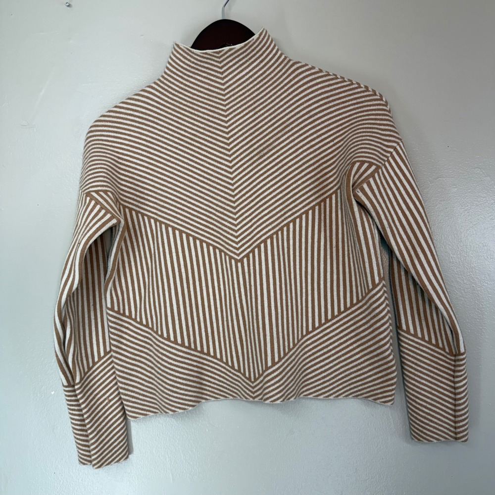 Tahari Tan White Striped Mock Neck Sweater Women Small Long Sleeve Knit Top